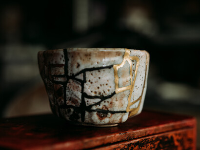 A bowl pieced together by Kintsugi, a Japanese art form