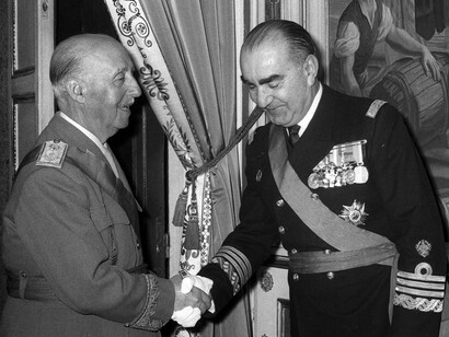 Spanish dictator Francisco Franco greets his collaborator, Admiral Luis Carrero Blanco