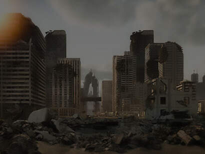 A city, devastated by the ravages of war, lies in ruins with remnants of explosions marking the landscape