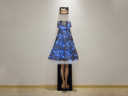 Antonella Cinelli, Doll #3, 2012, installazione cm. 120X60 , olio e acrilico su tela, rete in lvc, luci Led