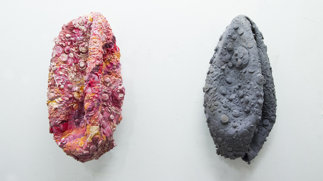 Sarah and Joseph Belknap, Deflated Exoskin (1) (left) and Deflated Moon Skin (1) (right), 2014. Courtesy of the artists.