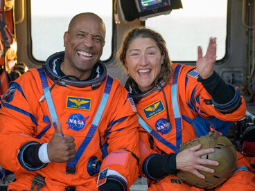 NASA astronaut Victor Glover (Artemis II pilot), left, and NASA astronaut Christina Koch (Artemis II mission specialist)