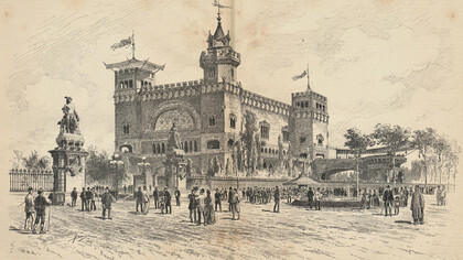 Jaume Pahissa i Laporta (1846–1928). Exposición Universal de Barcelona. Entrada al parque por el Salón de San Juan y vista del Café-Restaurant, de Pahisa, 5 de agosto 1888, La hormiga de oro, Barcelona, España