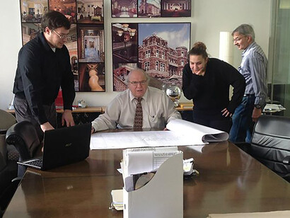 Mario in his office, Apex Engineering, New York