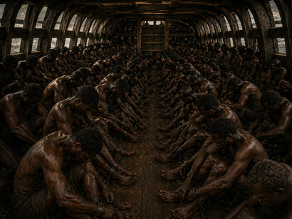 The cramped hold of a slave ship during the Middle Passage, where millions endured inhumane conditions as part of the transatlantic slave trade