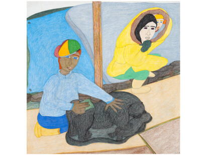 Shuvinai Ashoona, Inside my tent - Hiniqfagala carving, 2023, colored pencil and ink on paper
50.25x50 inches. Courtesy the artist and Fort Gansevoort, NYC