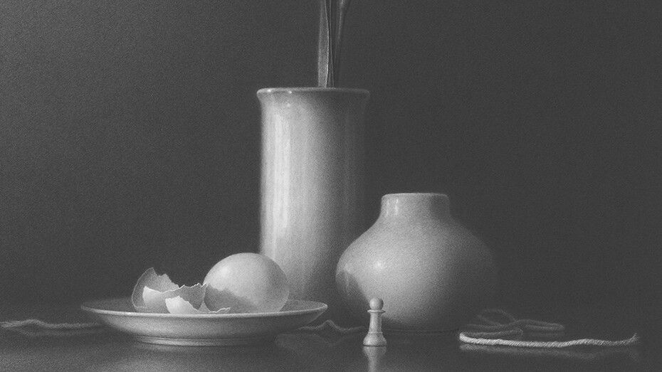 Skip Steinworth, White still life with iris and string, 2022. Courtesy of LewAllen Galleries