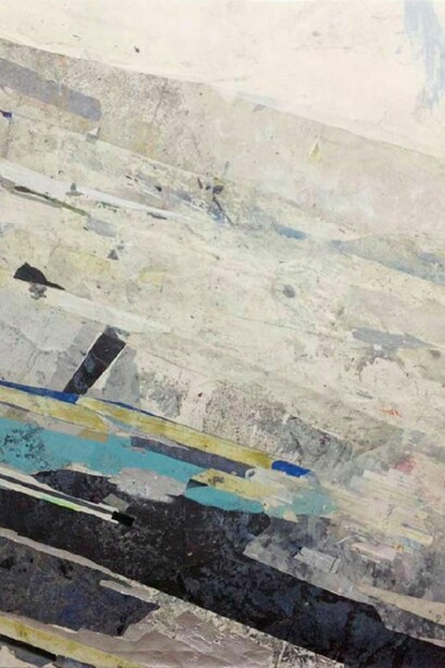 Redactor III, 2013, enamel, acrylic, crystalina, glass powder, pigment, cold wax, glass film, tape, and vinyl on canvas, 72 x 60 inches