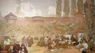 Der Druck der Kralischen Bibel in Eibenschütz, 1914. Eitempera auf Leinwand, 610 x 810 cm. Mucha-Stiftung, Prag.