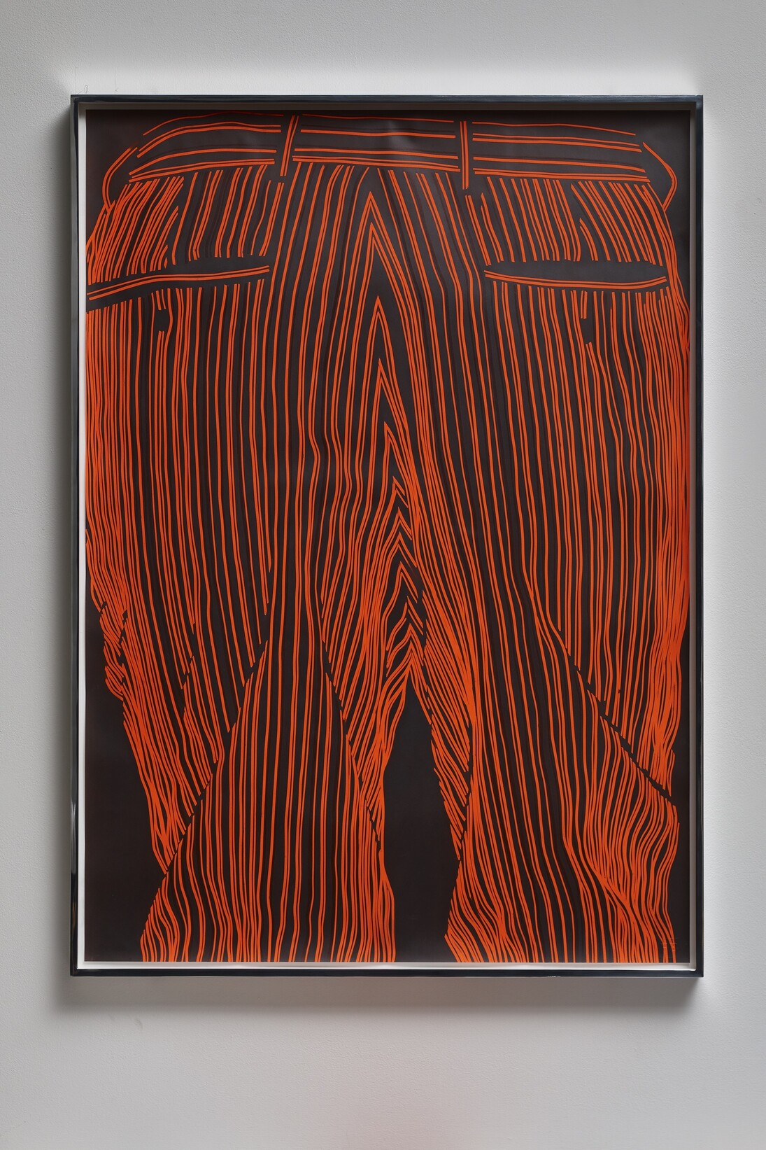 Fiona Banner, Pinstripe Face Bum 2015, Graphite, vinyl, fluorescent paper, 102 x 73 x 3.7 cm (framed), Courtesy the artist and Frith Street Gallery, London 
