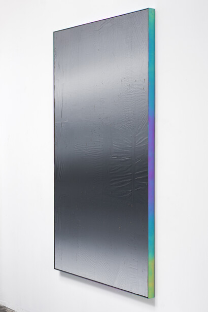 Mark Hagen, To Be Titled (Gradient Painting #50), 2014, Acrylic through burlap over panel, titanium frame anodized with Diet Coke, 72 3/4 x 48 3/4 x 2 inches (framed), © Mark Hagen - Photographer unknown, all rights reserved, Courtesy of the Artist and Almine Rech Gallery
