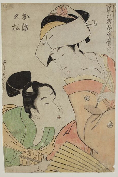 Kitagawa Utamaro, Elegante Personen im Stil Utamaros, um 1801, Farbholzschnitt, 35 x 23 cm © Privatbesitz, Wien