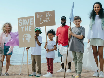 Empower young minds as they raise awareness about the climate crisis, gripping the future, with poignant visuals of children holding banners proclaiming "Save the World" and "Love the Earth"