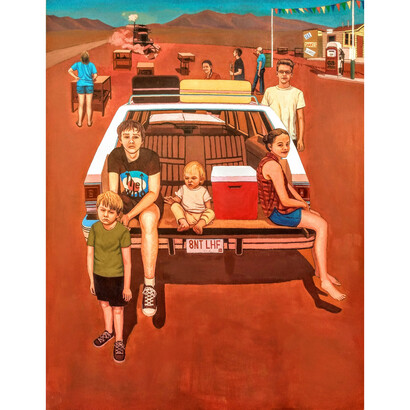 John Roberts, Sally's Snakerama Station, 2023, oil and acrylic on birch, 48x36 inches. Courtesy the artist and David Lusk Gallery