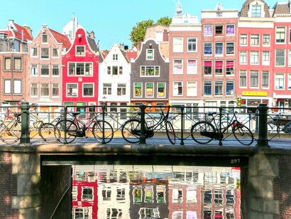 A view of the architecture and it's row of bicycles in Amsterdam, Netherlands