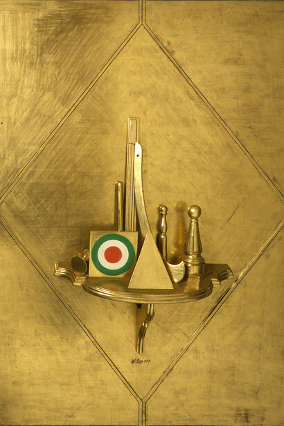 Lucio Del Pezzo. Grande quadro d’oro, 1964, tecnica mista su legno, 160 x 130 cm