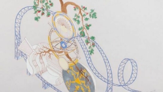 Alice Aycock (American, born 1946) Fantasy Sculpture III with Apple Tree, 1990 Ink and watercolor on paper, 39 1⁄4 x 27 1⁄2 inches. Collection of Hugh Freund, New York. Photo Credit: Dave Rittinger