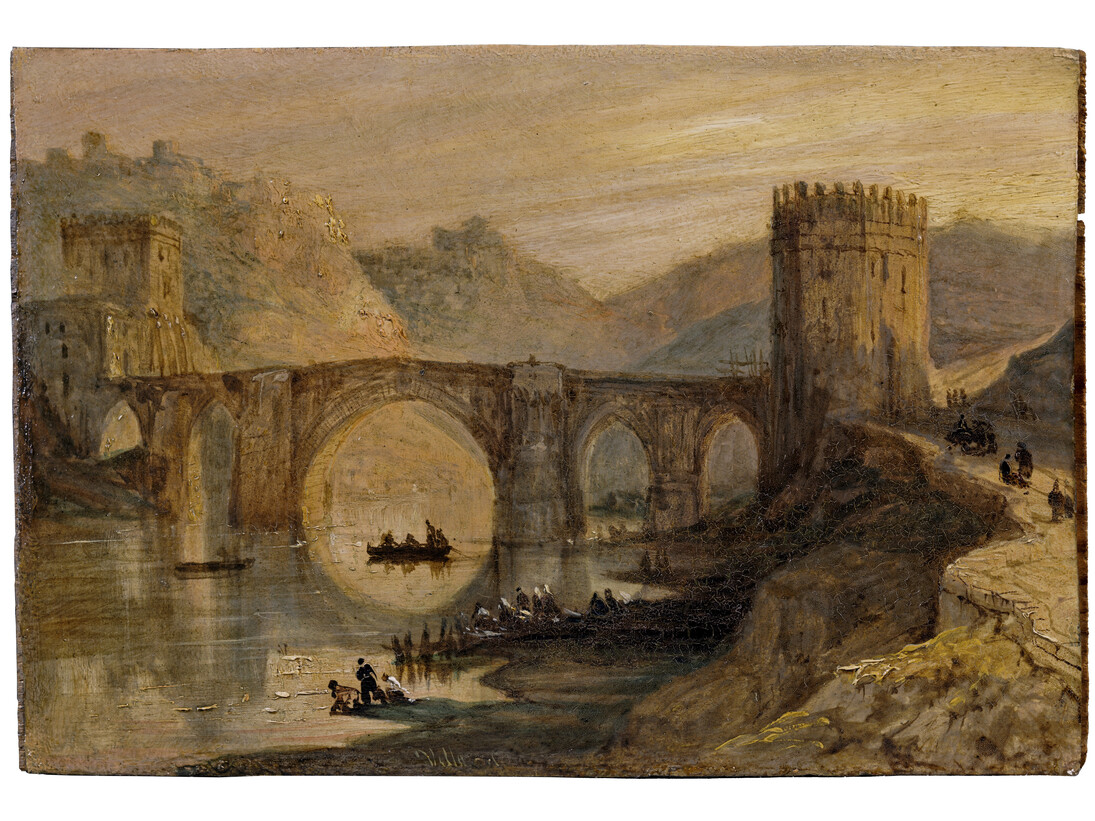 Vista del puente de San Martín (Toledo), Díptico con 42 Vistas Monumentales de Ciudades Españolas, Peréz Villaamil, Óleo sobre hojalata y marco neo gótico, 17,8 x 12,5 cm, Madrid, Museo Nacional del Prado