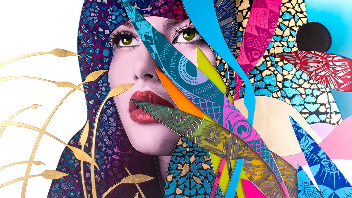 Miss Bugs, Data Rader, 2022, Paper cuts, surgical blades, embossed butterfly wings with 24-carat gold leaf on wood and aluminium, 37 x 45.60 in