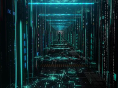 A moving man efficiently manages server racks with LED lights in the data center