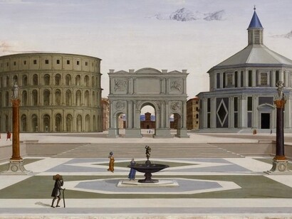 Le città iper-progettate privilegiano immagine, controllo e prevedibilità. Fra Carnevale (attr.), La città ideale, 1480-84, particolare della piazza centrale. Walters Art Museum, Baltimora, USA