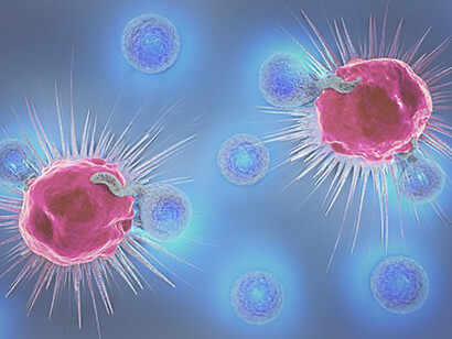 Dynamic 3D illustration featuring a cancer cell amidst lymphocytes for medical reference