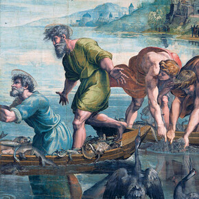 ‘The Miraculous Draught of Fishes’, Raphael, 1515 – 16. On loan from HM Queen Elizabeth II; rcin 912944, (Luke 5:1-11)
