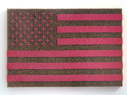 John Salvest, Flag, 2022, pencils, erasers, wood, 30x45x3.5 inches. Courtesy of David Lusk Gallery