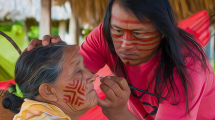 O artista Jaider Esbell pintando rosto de uma senhora de sua comunidade indígena em Roraima, Brasil