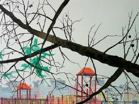 Erik Benson, Playground (Green Bag), 2013, Acrylic on canvas over panel, 30 by 40 inches (76.2 x 101.6 cm)