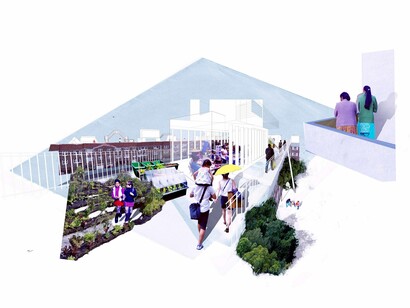 Perspective of a Community Growth Corporation rooftop farm and park, New York City. 2014. Courtesy SITU Studio