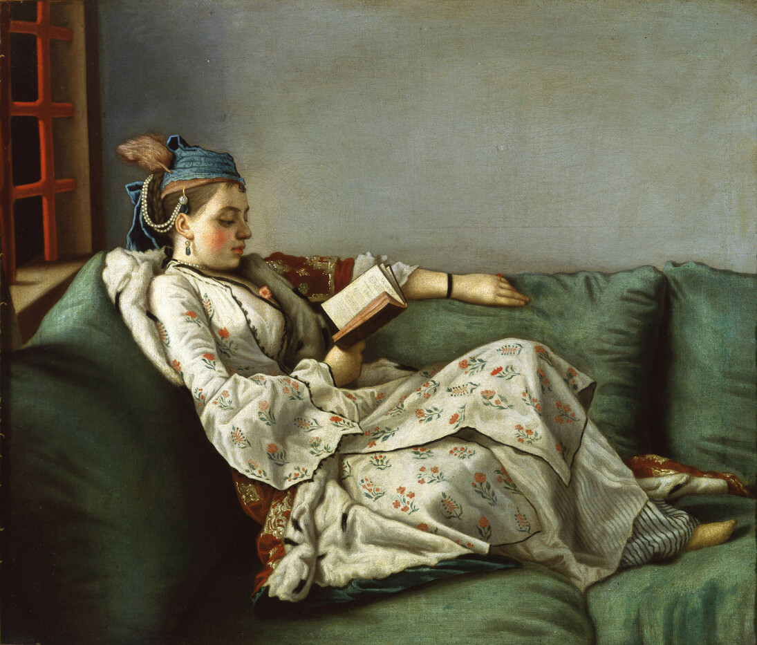 Jean-Etienne Liotard, Woman on a Sofa Reading, 1748-52, Oil on canvas, 50 x 60 cm, Galleria degli Uffizi, Florence , Photo Gabinetto Fotografico dell'Ex Soprintendenza Speciale per il Patrimonio Storico, Artistico ed Etnoantropologico e per il Polo Museale della città di Firenze
