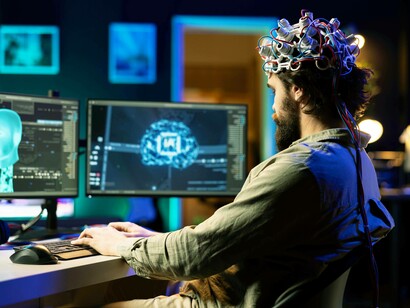 Transumanista che usa la tecnologia neuroscientifica per trascendere i limiti fisici