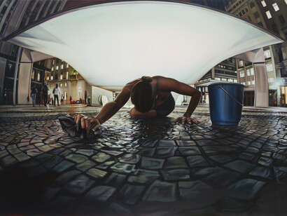 Ana Teresa Fernandez, Untitled (performance documentation in São Paulo Brazil in Plaza Patriarca), 2015, Oil on canvas, 56 x 84 inches (142 x 213 cm), Courtesy of the Artist and Gallery Wendi Norris, San Francisco. 