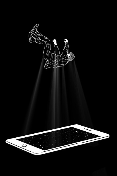 L'uomo precipita nell'universo della tecnologia rappresentato dallo schermo di uno smarthphone