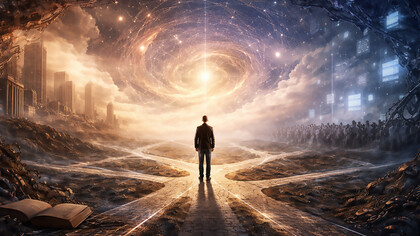 A solitary figure stands at the crossroads of modernity, choosing autonomy amid systems that demand obedience