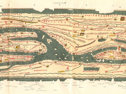 Segmento della "Tabila Peutingeriana" mappa dell'Impero con le principali arterie stradali romane. Sicilia