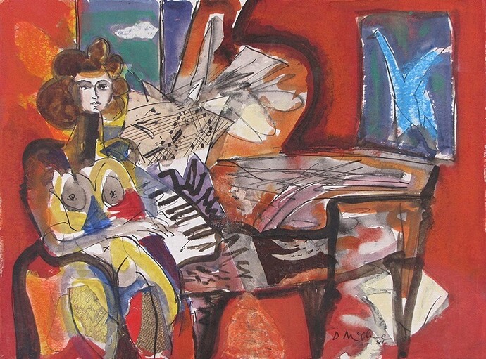 David McClure, Girl and Piano (red), 1981, collage on card, 20.5 x 28 cm