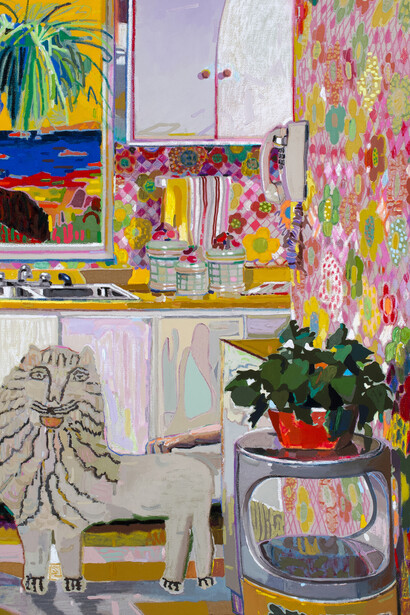 Leon Benn
Lion in the Kitchen
2019
oil, oil pastel, and fabric dyes on Moroccan linen
64 x 54 in. (162.56 x 137.16 cm)