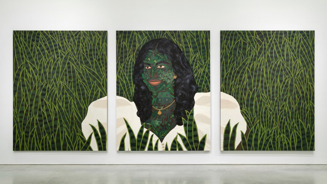 Kelly Sinnapah Mary, Notebook of No Return: Memories, 2022, Acrylic on canvas, Triptych: 99 x 77.5 in each. Courtesy of Aicon Gallery