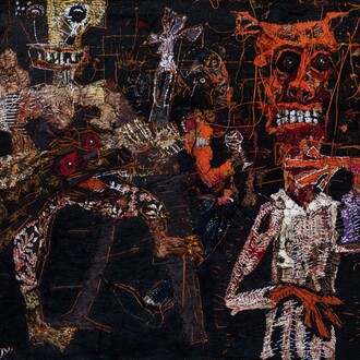Gatot Pujiarto, Allergic to Alcohol (Alergi alkohol), detail, 2015, Canvas, textiles, acrylic and thread, 150 x 500 cm; 59 x 196 7/8 in.