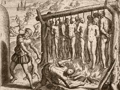 Théodore de Bry; Ahorcamiento, quema y garrote de indios por parte de soldados españoles