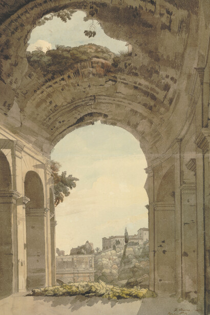 Francis Towne (1739-1816),Inside the Colosseum, 1780. Watercolour with pen and ink, 471 x 319 mm © The Trustees of the British Museum 