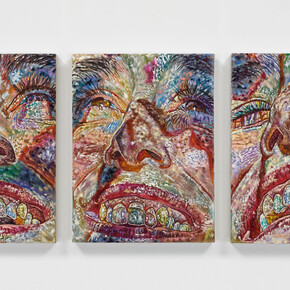 Constanza Schaffner,
Al fin algo seguro, 2023.
Oil on linen,
Each: 24 x 18 inches (61 x 45.7 cm),
Overall: 24 x 58 inches (61 x 147.3 cm) © Constanza Schaffner; Courtesy of the artist, Central Fine, Miami Beach, and Luhring Augustine, New York. Photo: Genevieve Hanson