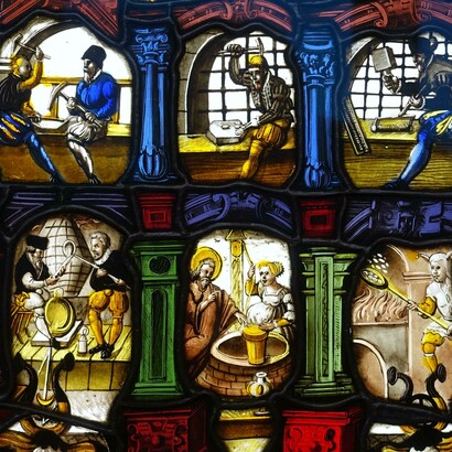 Vetrata che illustra la produzione di monete, commissionata da Wernhartt Zenckgraff, coniatore di monete a Sciaffusa, 1565 d.C. - Bode-Museum, Berlino, Germania. Il signoraggio è il guadagno che deriva dall’emissione di moneta: chi crea denaro ha potere