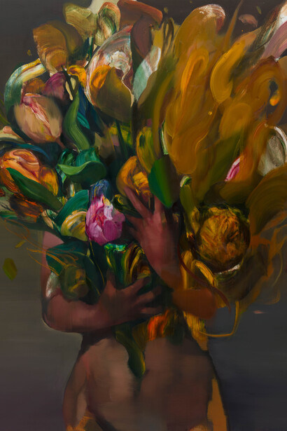 Yongchul Kim, Figur mit blumenstrauß (detail), 2025. Courtesy of Galerie Thomas Fuchs 