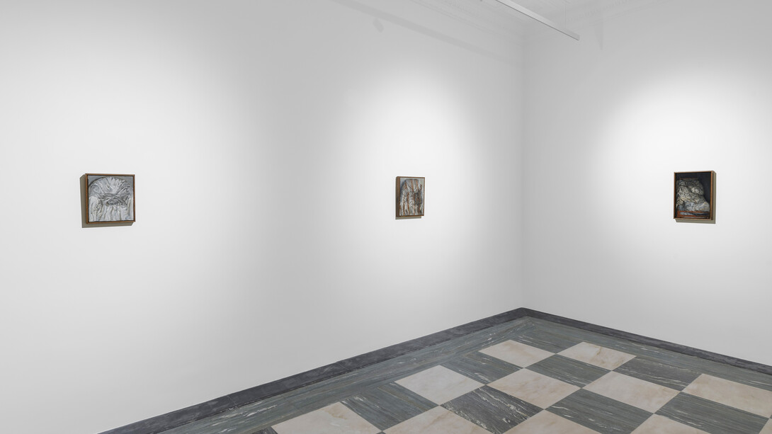 Justin Bradshaw, 9 paintings of drapery and eggs, exhibition view. Courtesy of Amanita
