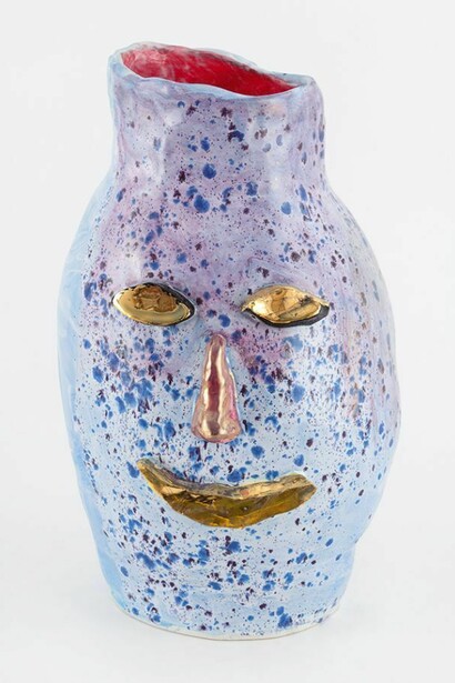 Dan McCarthy, Untitled Ceramic Facepot #61, 2013, Low fire clay and crystal glaze, enamel paint and gold lustre, 15 x 8 1/2 inches. Courtesy Anton Kern Gallery, New York