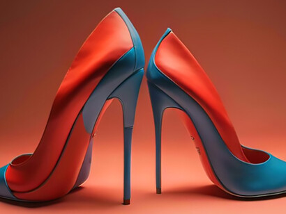 Elegant women’s high heels with red soles, showcased on a vibrant, solid backdrop