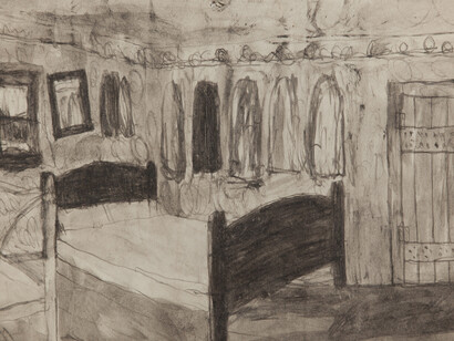 James Castle, Untitled (Interior), nd. Soot on found paper 11 1/8 x 12 3/8 inches.